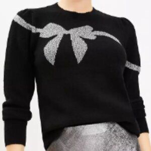 BNWT LOFT elegant sashay jet black shimmer silver bow sweater (S)